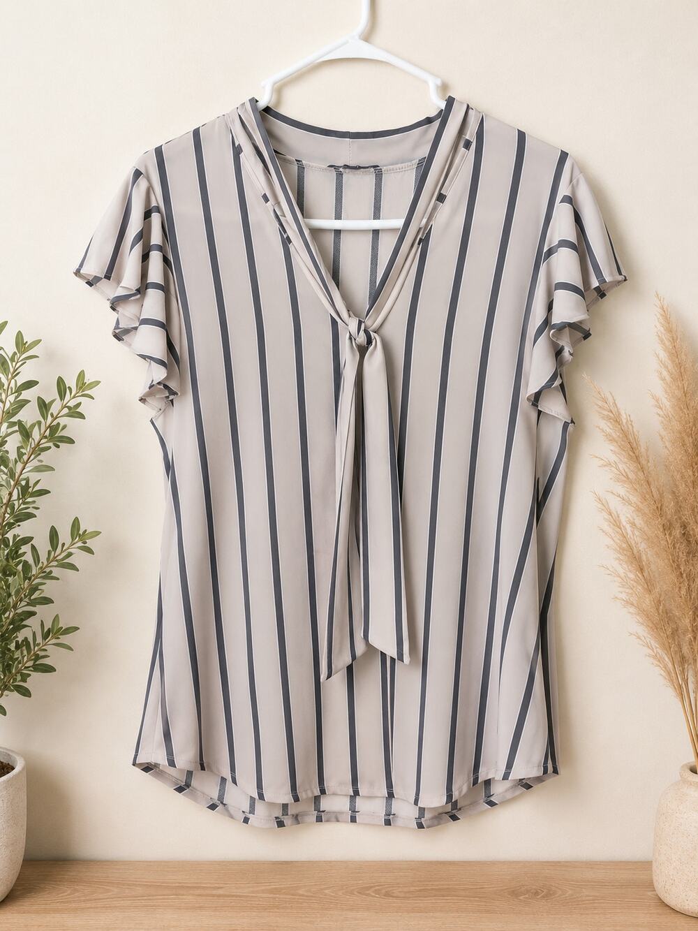 Adrianna Papell Beige Gray Striped Tie Neck Blouse XL